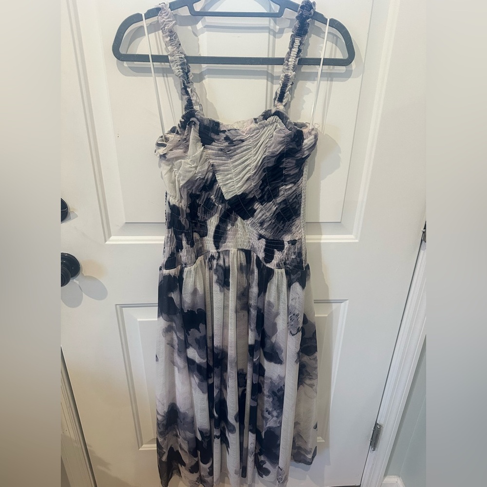 Free People Gray and Black Floral Smocked Dress